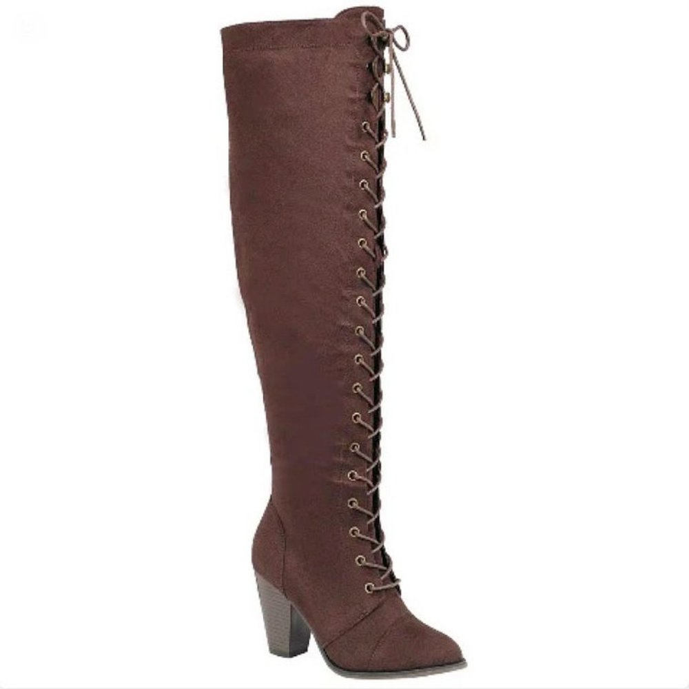 New Brown Over Knee Combat Lace Up Heel Boots Size 6